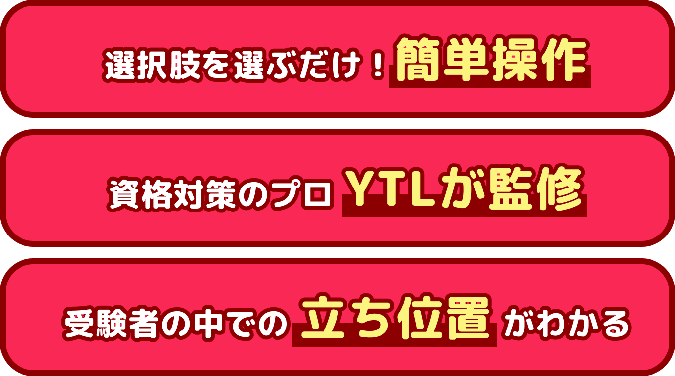 選択肢を選ぶだけ簡単操作。資格対策のプロYTLが監修。章ごとの得点率・平均点がわかる。