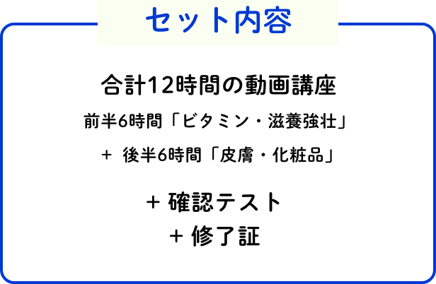 セット内容。合計12時間の動画講座 前半６時間「解熱鎮痛薬」 +  後半6時間「胃腸薬」+ 確認テスト+ 修了証